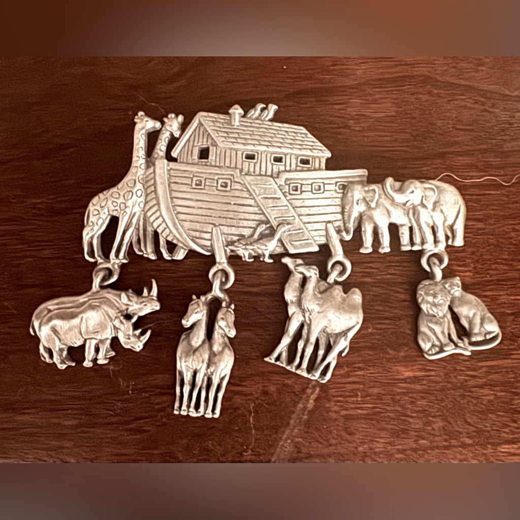 Vintage Jj Jonette Brooch Pin Pewter Noahs Ark Dangling Animals Pairs Charms 18$